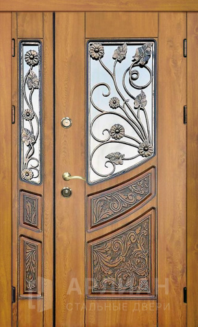 Фото «Дверь полуторная металлическая со стеклом и художественной ковкой №411»